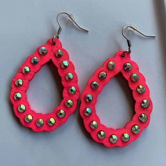 Hot Pink Wood Teardrop Earrings - Picture 2 of 7